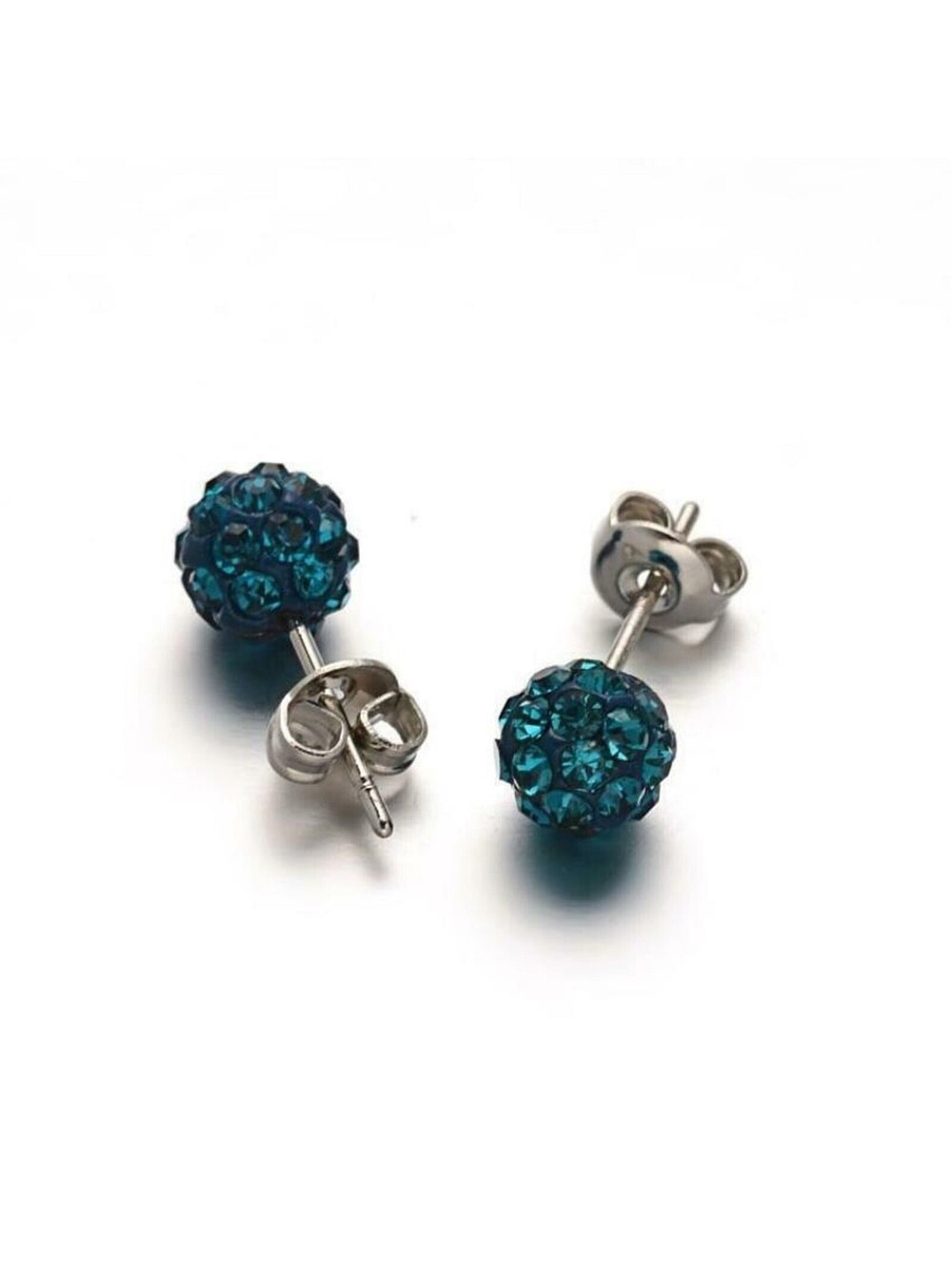 Austrian Crystal Ball Surgical Steel 6mm Disco Stud Clay Earrings Blue Zircon - Picture 1 of 1